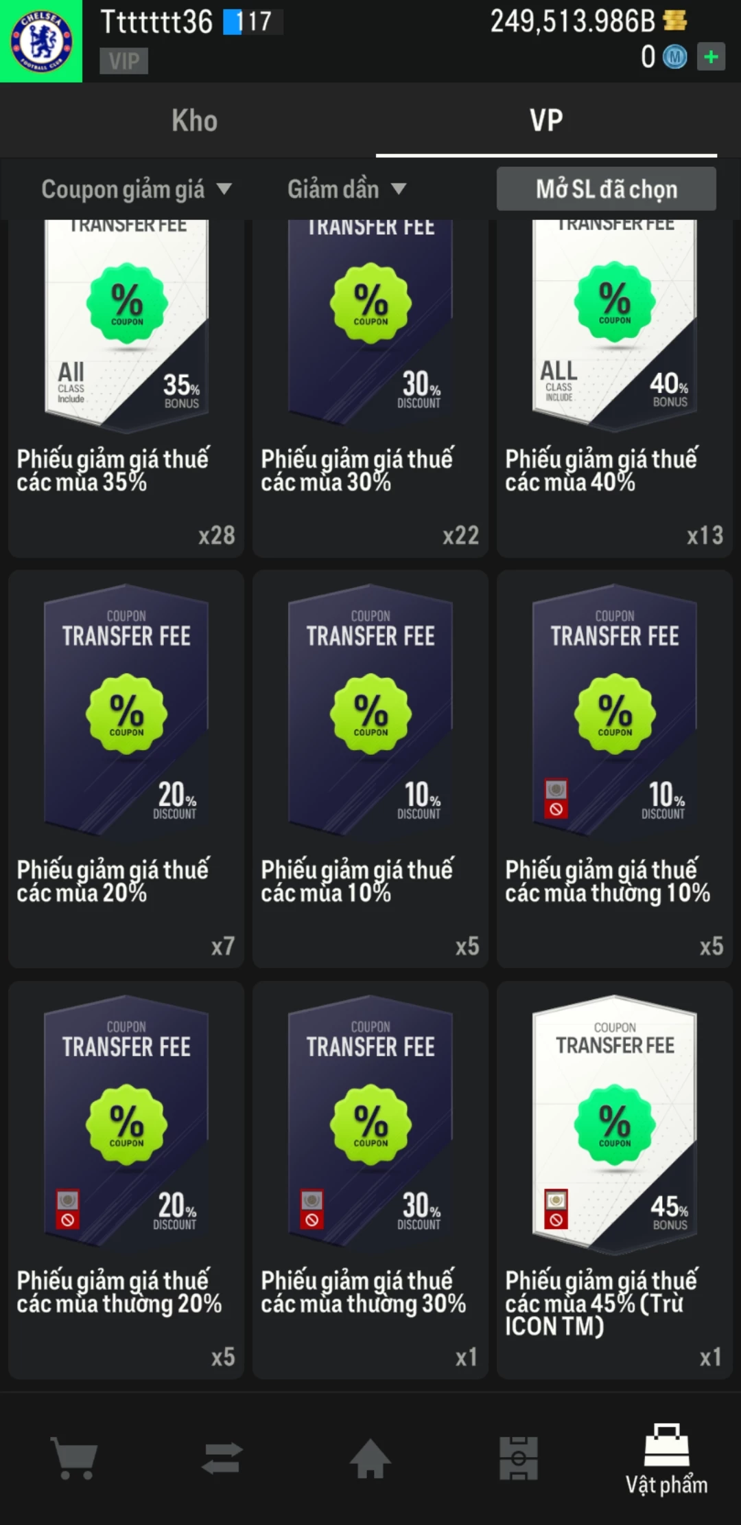 Ảnh ACC mở thẻ (LOẠI SVIP PROMAX) bao gồm có 02 thẻ +12, 04 thẻ PRIME (QH+, CP+, XS+, HĐ+) và hơn 1600+ thẻ cầu thủ từ Siêu sao đến Miền núi các loại. Acc có sẵn BP trắng từ 230.000 tỷ BP đến 250.000 tỷ BP kèm theo nhiều ngày SVIP